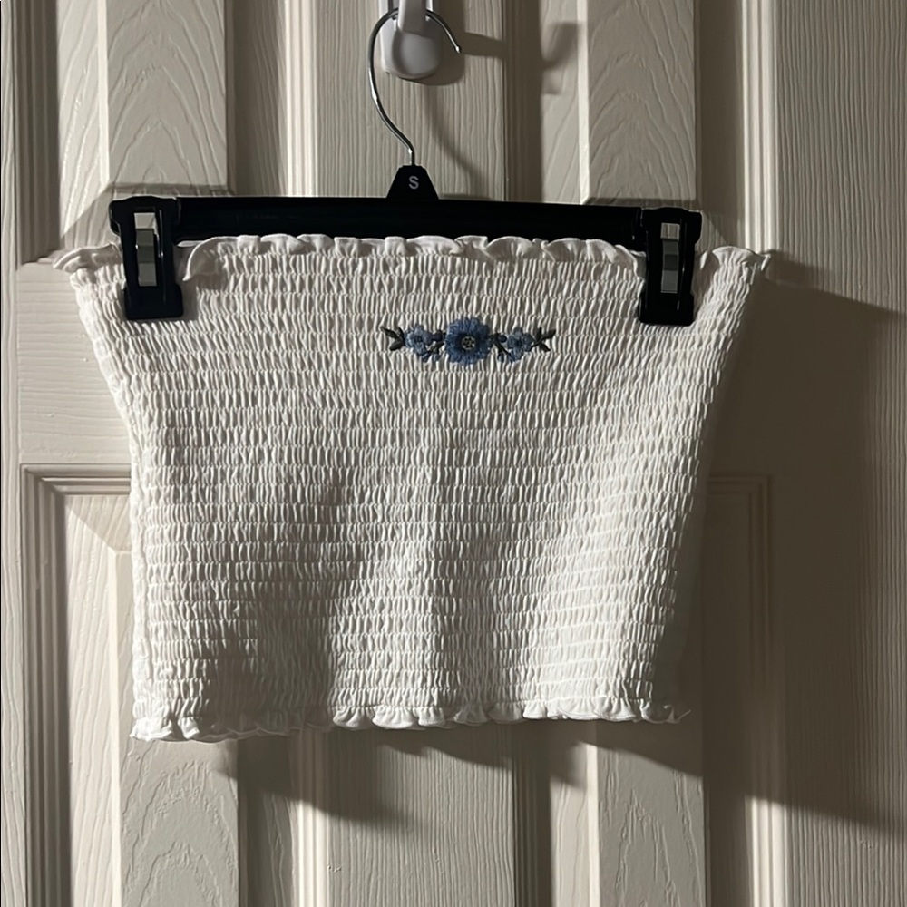 Reversible White Smocked Tube Top with Blue Embroidery